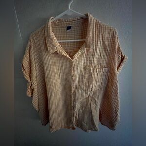 Old Navy cap sleeve yellow/white plaid shirt.